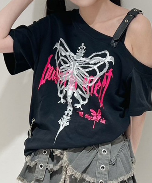 tシャツ A'GEM/9 × .kom 「AOSPACE」オフショルスカル半袖Tシャツ レディース A'GEM/9 × .kom 『AOSPACE』オフショルスカル半袖Tシャツ