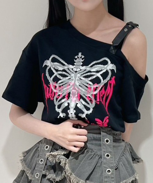 tシャツ A'GEM/9 × .kom 「AOSPACE」オフショルスカル半袖Tシャツ レディース A'GEM/9 × .kom 『AOSPACE』オフショルスカル半袖Tシャツ（T