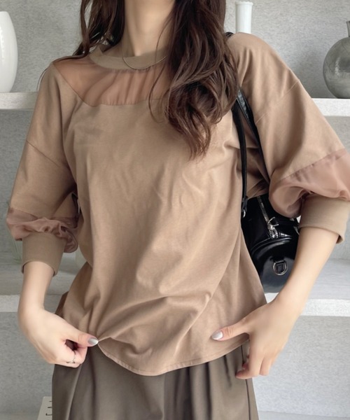 Eclat one(エクラワン)の「【Eclat one】シアー切り替えパフスリーブ Tシャツ(Tシャツ/カットソー・レディース・オフホワイト/ブラック/モカ・FREE)」の10枚目の写真