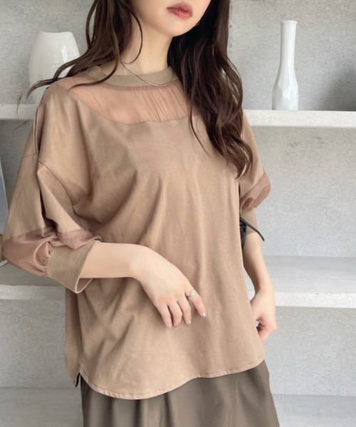 Eclat one(エクラワン)の「【Eclat one】シアー切り替えパフスリーブ Tシャツ(Tシャツ/カットソー・レディース・オフホワイト/ブラック/モカ・FREE)」の11枚目の写真