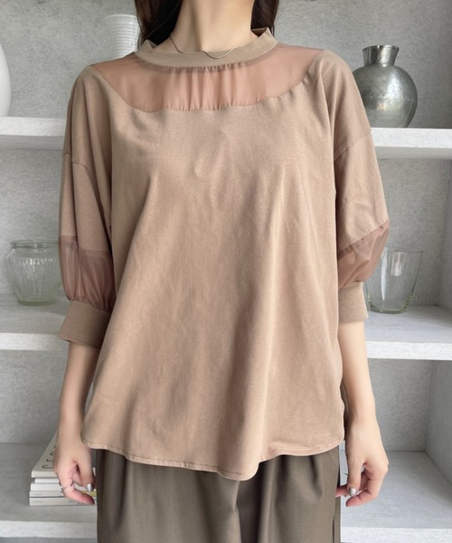 Eclat one(エクラワン)の「【Eclat one】シアー切り替えパフスリーブ Tシャツ(Tシャツ/カットソー・レディース・オフホワイト/ブラック/モカ・FREE)」の16枚目の写真