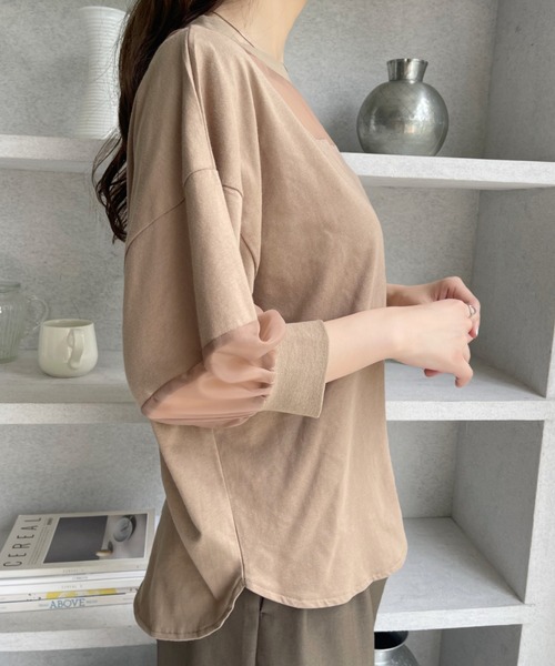 Eclat one(エクラワン)の「【Eclat one】シアー切り替えパフスリーブ Tシャツ(Tシャツ/カットソー・レディース・オフホワイト/ブラック/モカ・FREE)」の17枚目の写真