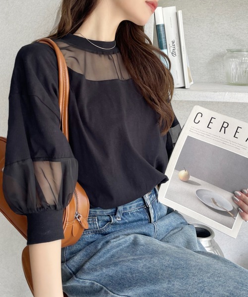 Eclat one(エクラワン)の「【Eclat one】シアー切り替えパフスリーブ Tシャツ(Tシャツ/カットソー・レディース・オフホワイト/ブラック/モカ・FREE)」の7枚目の写真