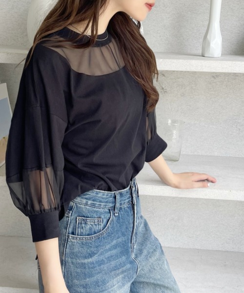 Eclat one(エクラワン)の「【Eclat one】シアー切り替えパフスリーブ Tシャツ(Tシャツ/カットソー・レディース・オフホワイト/ブラック/モカ・FREE)」の8枚目の写真