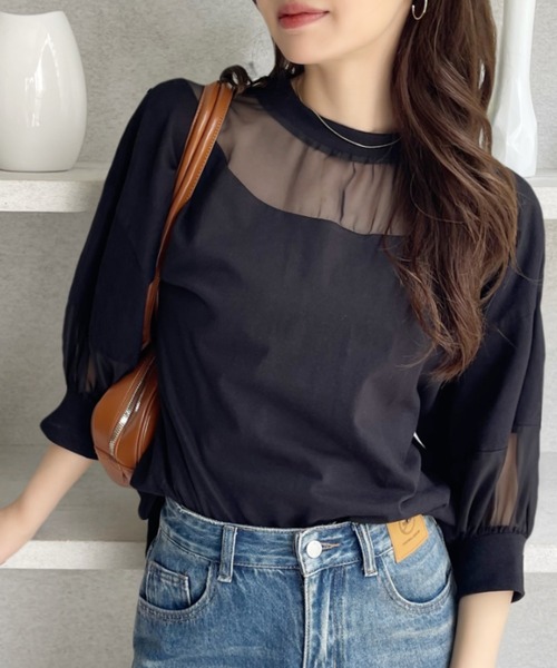 Eclat one(エクラワン)の「【Eclat one】シアー切り替えパフスリーブ Tシャツ(Tシャツ/カットソー・レディース・オフホワイト/ブラック/モカ・FREE)」の9枚目の写真