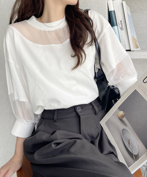 Eclat one(エクラワン)の「【Eclat one】シアー切り替えパフスリーブ Tシャツ(Tシャツ/カットソー・レディース・オフホワイト/ブラック/モカ・FREE)」の14枚目の写真