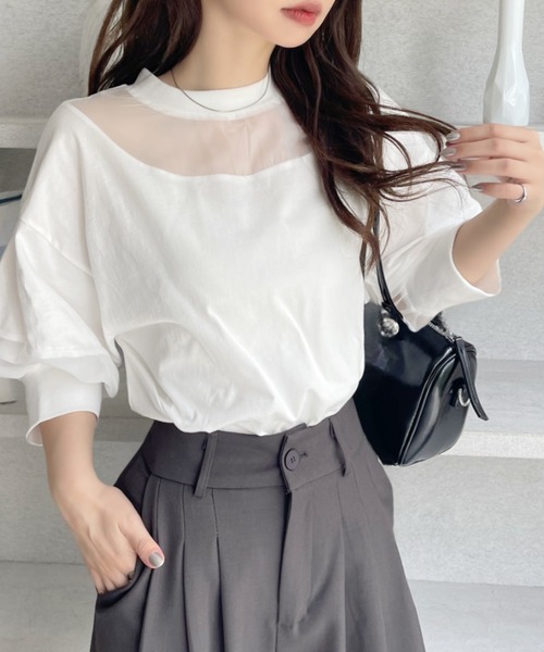 Eclat one(エクラワン)の「【Eclat one】シアー切り替えパフスリーブ Tシャツ(Tシャツ/カットソー・レディース・オフホワイト/ブラック/モカ・FREE)」の13枚目の写真