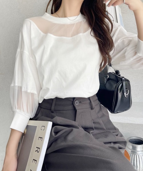 Eclat one(エクラワン)の「【Eclat one】シアー切り替えパフスリーブ Tシャツ(Tシャツ/カットソー・レディース・オフホワイト/ブラック/モカ・FREE)」の19枚目の写真