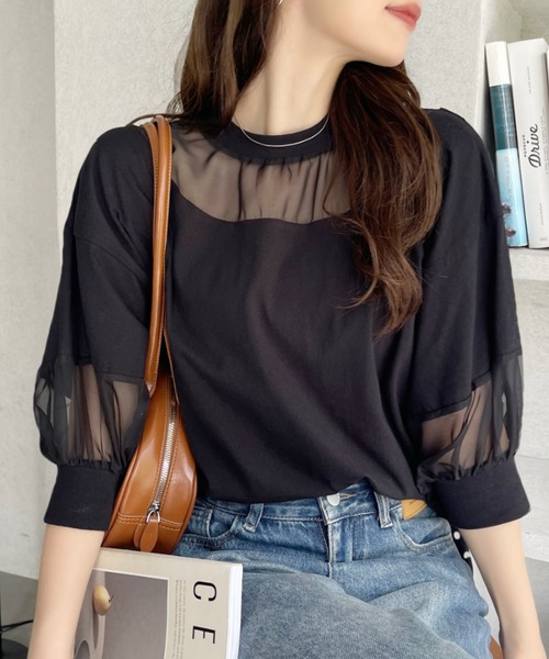 Eclat one(エクラワン)の「【Eclat one】シアー切り替えパフスリーブ Tシャツ(Tシャツ/カットソー・レディース・オフホワイト/ブラック/モカ・FREE)」の20枚目の写真