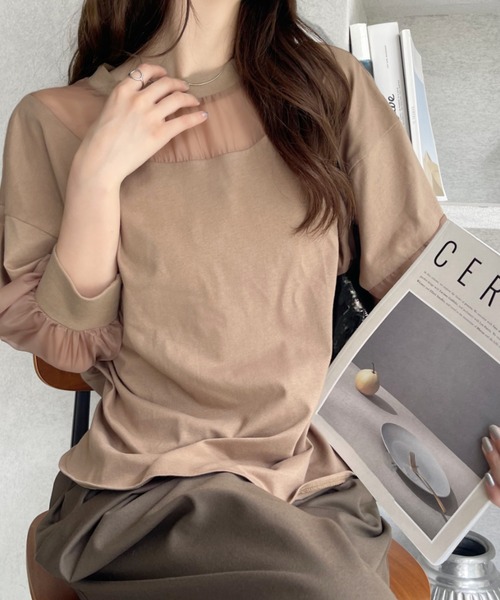 Eclat one(エクラワン)の「【Eclat one】シアー切り替えパフスリーブ Tシャツ(Tシャツ/カットソー・レディース・オフホワイト/ブラック/モカ・FREE)」の21枚目の写真