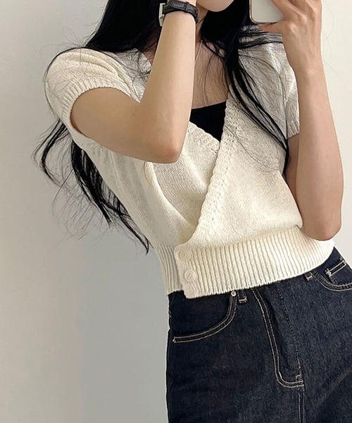 NinaetLina(ニナエリナ)の「カシュクールトップス(ニット/セーター・レディース・ブラック/グリーン/ホワイト・FREE)」の5枚目の写真