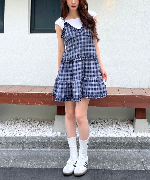 3.3 Field Trip （3.3フィールドトリップ）の「3.3 Field Trip／2wayフリルチェックキャミワンピース（ワンピース・レディース・ブラウン/ネイビー/ブラック/ドット/ネイビー系・FREE）」の7枚目の写真