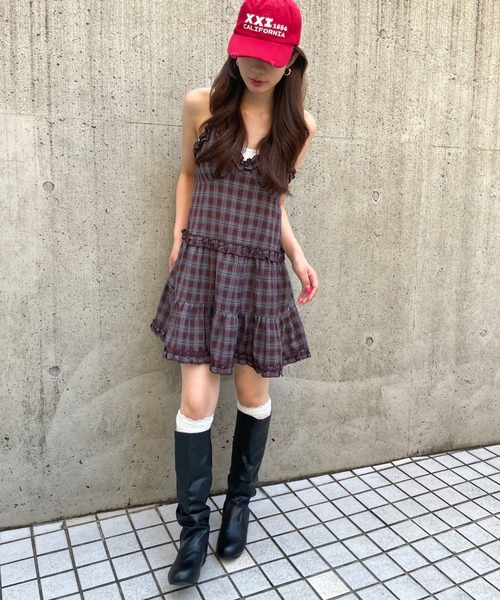 3.3 Field Trip （3.3フィールドトリップ）の「3.3 Field Trip／2wayフリルチェックキャミワンピース（ワンピース・レディース・ブラウン/ネイビー/ブラック/ドット/ネイビー系・FREE）」の18枚目の写真