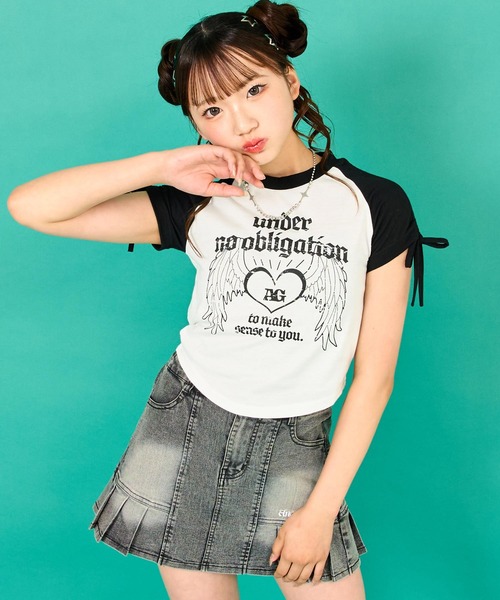 ANAP GiRL(アナップガール)の「袖 シャーリング ラグラン ミニ Tシャツ(Tシャツ/カットソー・キッズ・ホワイト/ベージュ/ブラック・XS/S/M)」の2枚目の写真