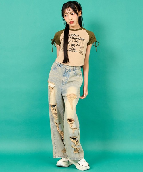 ANAP GiRL(アナップガール)の「袖 シャーリング ラグラン ミニ Tシャツ(Tシャツ/カットソー・キッズ・ホワイト/ベージュ/ブラック・XS/S/M)」の14枚目の写真