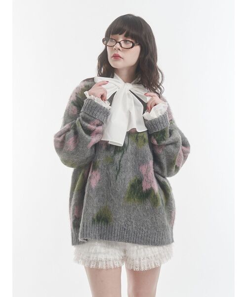 セール】パターンルーズニット 花柄 ボーダー（ニット/セーター