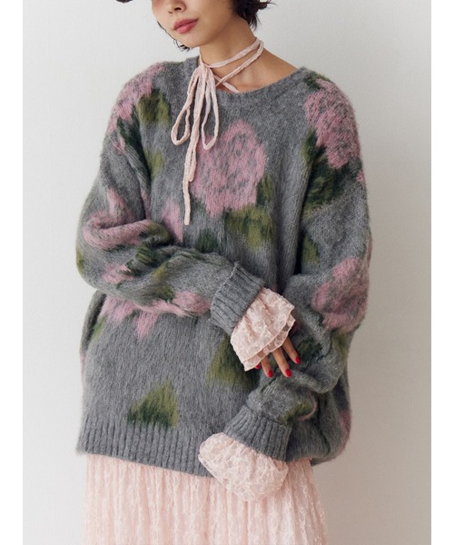 パターンルーズニット 花柄 ボーダー（ニット/セーター