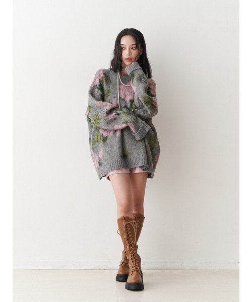 セール】パターンルーズニット 花柄 ボーダー（ニット/セーター