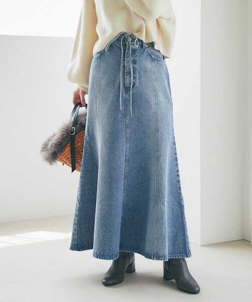 セール】【美シルエット】リボンデニムマーメイドマキシスカート