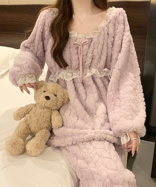 Lace Ladies（レースレディース）の「Aライン リボン レース ふわもこ ルームウェア（ルームウェア/パジャマ・レディース・ラベンダー/ピンク/グリーン/アイボリー・XL/M）」の4枚目の写真