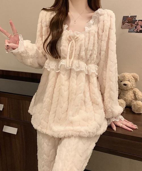 Lace Ladies（レースレディース）の「Aライン リボン レース ふわもこ ルームウェア（ルームウェア/パジャマ・レディース・ラベンダー/ピンク/グリーン/アイボリー・XL/M）」の2枚目の写真