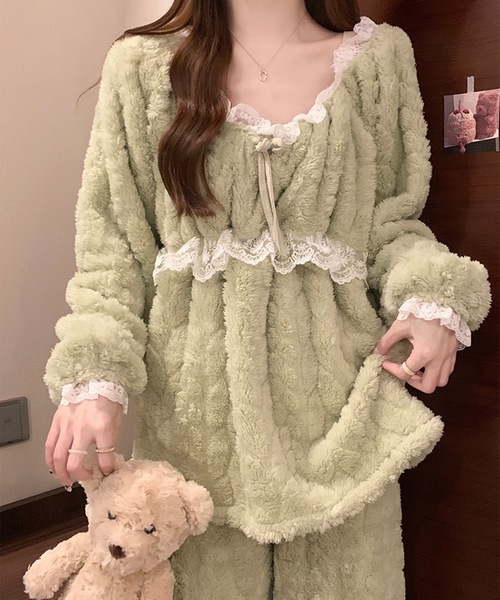 Lace Ladies（レースレディース）の「Aライン リボン レース ふわもこ ルームウェア（ルームウェア/パジャマ・レディース・ラベンダー/ピンク/グリーン/アイボリー・XL/M）」の6枚目の写真