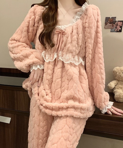 Lace Ladies（レースレディース）の「Aライン リボン レース ふわもこ ルームウェア（ルームウェア/パジャマ・レディース・ラベンダー/ピンク/グリーン/アイボリー・XL/M）」の9枚目の写真