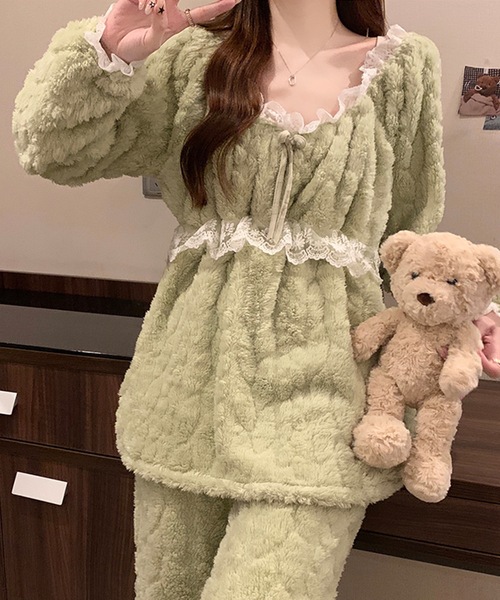 Lace Ladies（レースレディース）の「Aライン リボン レース ふわもこ ルームウェア（ルームウェア/パジャマ・レディース・ラベンダー/ピンク/グリーン/アイボリー・XL/M）」の5枚目の写真