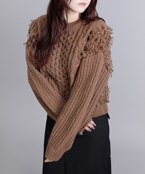 aimoha(アイモハ)の「モヘアタッチループフリンジ使いニット (AW)(ニット/セーター・レディース・モカ/ブラック/グレー/オフホワイト・FREE)」の1枚目の写真