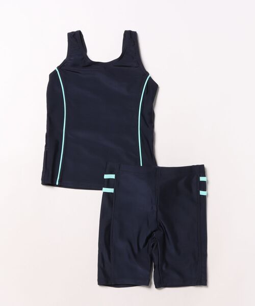 OP/RUSTY（オーピー/ラスティー）の「【ノーブランド】スクール水着 キッズ タンキニ水着 セパレート めくれ防止 スイミング  日焼け対策 UVカット ストレッチ素材（水着・キッズ・ネイビー/サックスブルー/ネイビー×ホワイト/ブラック×パープル・130/140/150/160/170）」の2枚目の写真