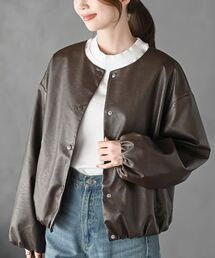 合皮ノーカラーバルーン袖ブルゾン