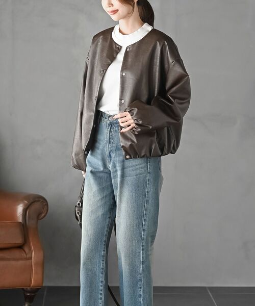 rps（アールピーエス）の「合皮ノーカラーバルーン袖ブルゾン（ブルゾン・レディース・ブラック/グレイッシュベージュ/ダークブラウン・フリー）」の19枚目の写真