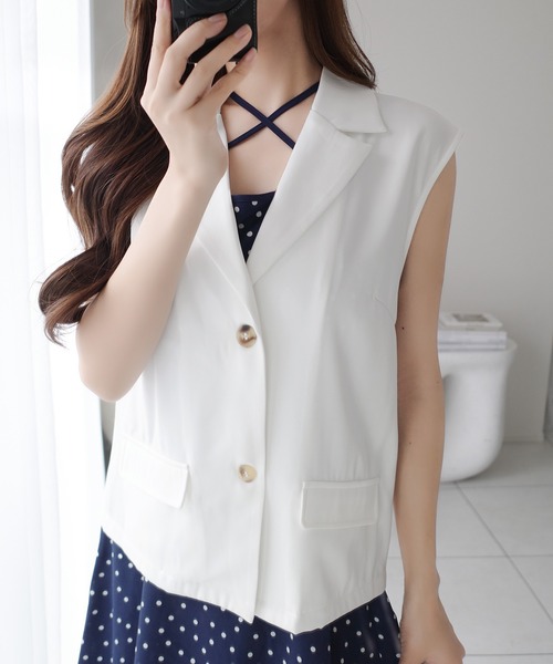 mily bilet(ミウィビレット)の「【mily bilet】上品さと抜け感をひとまとめに。ドットキャミワンピプラスノースリジャケットセット(2点セット)(ワンピース・レディース・ネイビー×ホワイト/アイボリー系1/ブラック×ベージュ・X-LARGE/SMALL/MEDIUM/LARGE)」の6枚目の写真