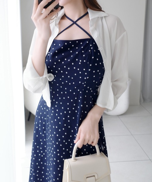 mily bilet(ミウィビレット)の「【mily bilet】上品さと抜け感をひとまとめに。ドットキャミワンピプラスノースリジャケットセット(2点セット)(ワンピース・レディース・ネイビー×ホワイト/アイボリー系1/ブラック×ベージュ・X-LARGE/SMALL/MEDIUM/LARGE)」の7枚目の写真
