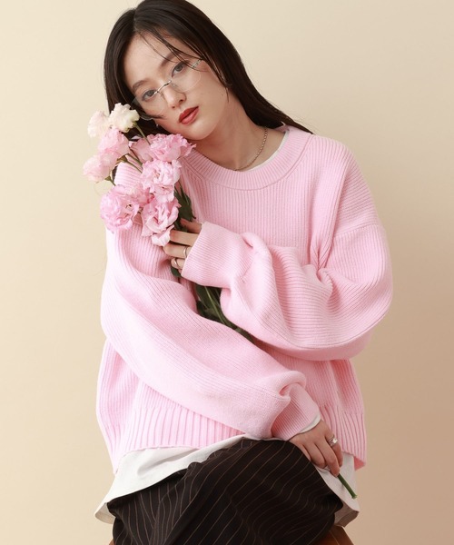 セール】＜Bloomy Yarn Knit＞アゼ編みルーズクルーネックニット