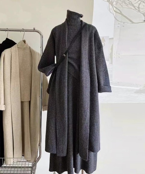Forcement(フォースメント)の「トップス&スカート&ラップカーディガン3点セットアップ カセット服(セットアップ・レディース・グレー/ブラック/ブラウン・FREE)」の4枚目の写真