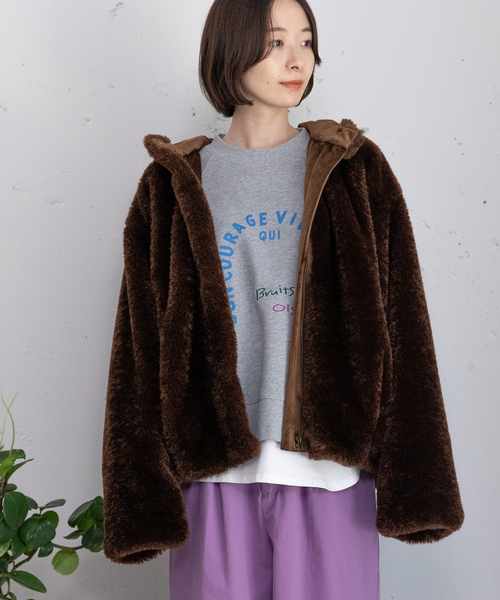 POU DOU DOU（プードゥドゥ）の「フーデッドファーブルゾン（ブルゾン・レディース・ブラウン/ダークグレー・M）」の3枚目の写真