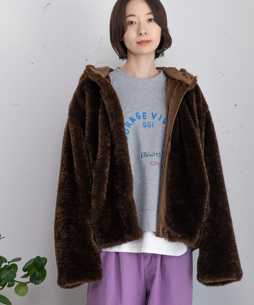 POU DOU DOU（プードゥドゥ）の「フーデッドファーブルゾン（ブルゾン・レディース・ブラウン/ダークグレー・M）」の4枚目の写真