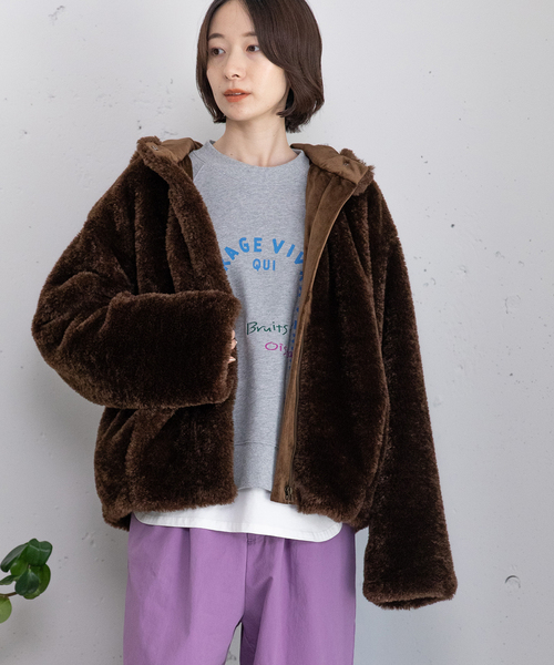 POU DOU DOU（プードゥドゥ）の「フーデッドファーブルゾン（ブルゾン・レディース・ブラウン/ダークグレー・M）」の5枚目の写真