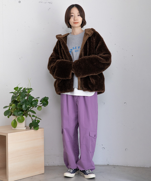 POU DOU DOU（プードゥドゥ）の「フーデッドファーブルゾン（ブルゾン・レディース・ブラウン/ダークグレー・M）」の9枚目の写真