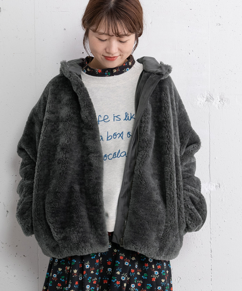 POU DOU DOU（プードゥドゥ）の「フーデッドファーブルゾン（ブルゾン・レディース・ブラウン/ダークグレー・M）」の14枚目の写真