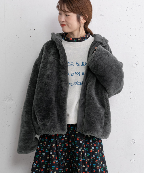 POU DOU DOU（プードゥドゥ）の「フーデッドファーブルゾン（ブルゾン・レディース・ブラウン/ダークグレー・M）」の15枚目の写真