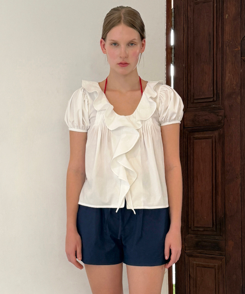 V-Neck Frill Blouse (White)（シャツ/ブラウス）｜SINOON（シヌーン 