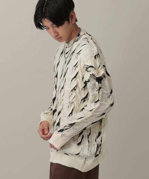 LAND MUSEUM（ランドミュージアム）の「LAND MUSEUM／リラックスケーブルニット（ニット/セーター・メンズ・ブラック/ホワイト・MEDIUM/LARGE）」の6枚目の写真
