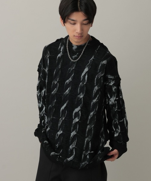 LAND MUSEUM（ランドミュージアム）の「LAND MUSEUM／リラックスケーブルニット（ニット/セーター・メンズ・ブラック/ホワイト・MEDIUM/LARGE）」の9枚目の写真