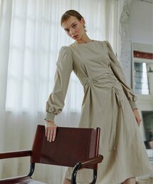 Pintuck String Smock Dress  Beige