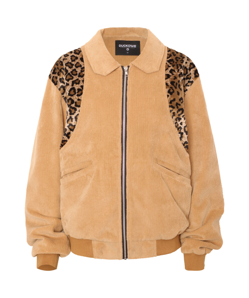 レオパード配色コーデュロイ春ボンバージャケットキャメル（MA-1