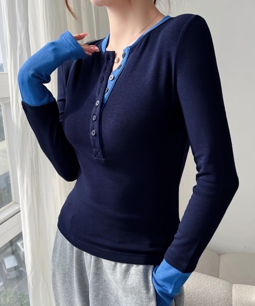 Miniministore(ミニミニストア)の「配色ヘンリーシャツハーフボタンカットソー(Tシャツ/カットソー・レディース・ブラック/ネイビー/ブラウン/グレー・FREE)」の4枚目の写真