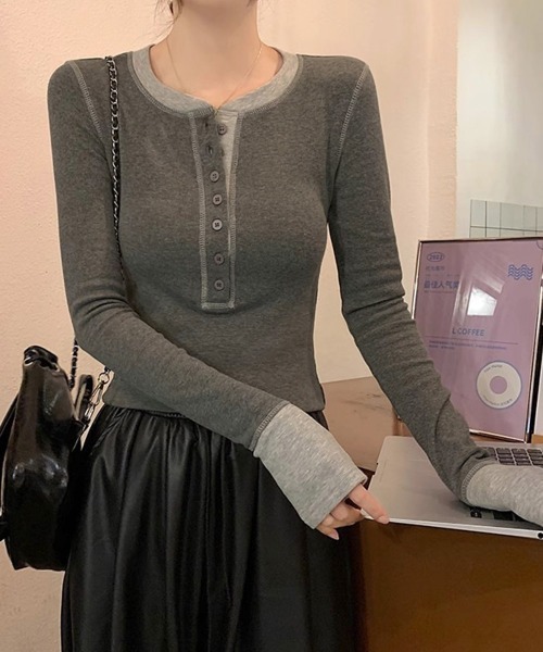 Miniministore(ミニミニストア)の「配色ヘンリーシャツハーフボタンカットソー(Tシャツ/カットソー・レディース・ブラック/ネイビー/ブラウン/グレー・FREE)」の1枚目の写真