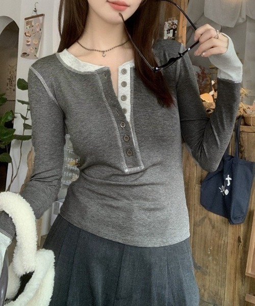 Miniministore(ミニミニストア)の「配色ヘンリーシャツハーフボタンカットソー(Tシャツ/カットソー・レディース・ブラック/ネイビー/ブラウン/グレー・FREE)」の22枚目の写真